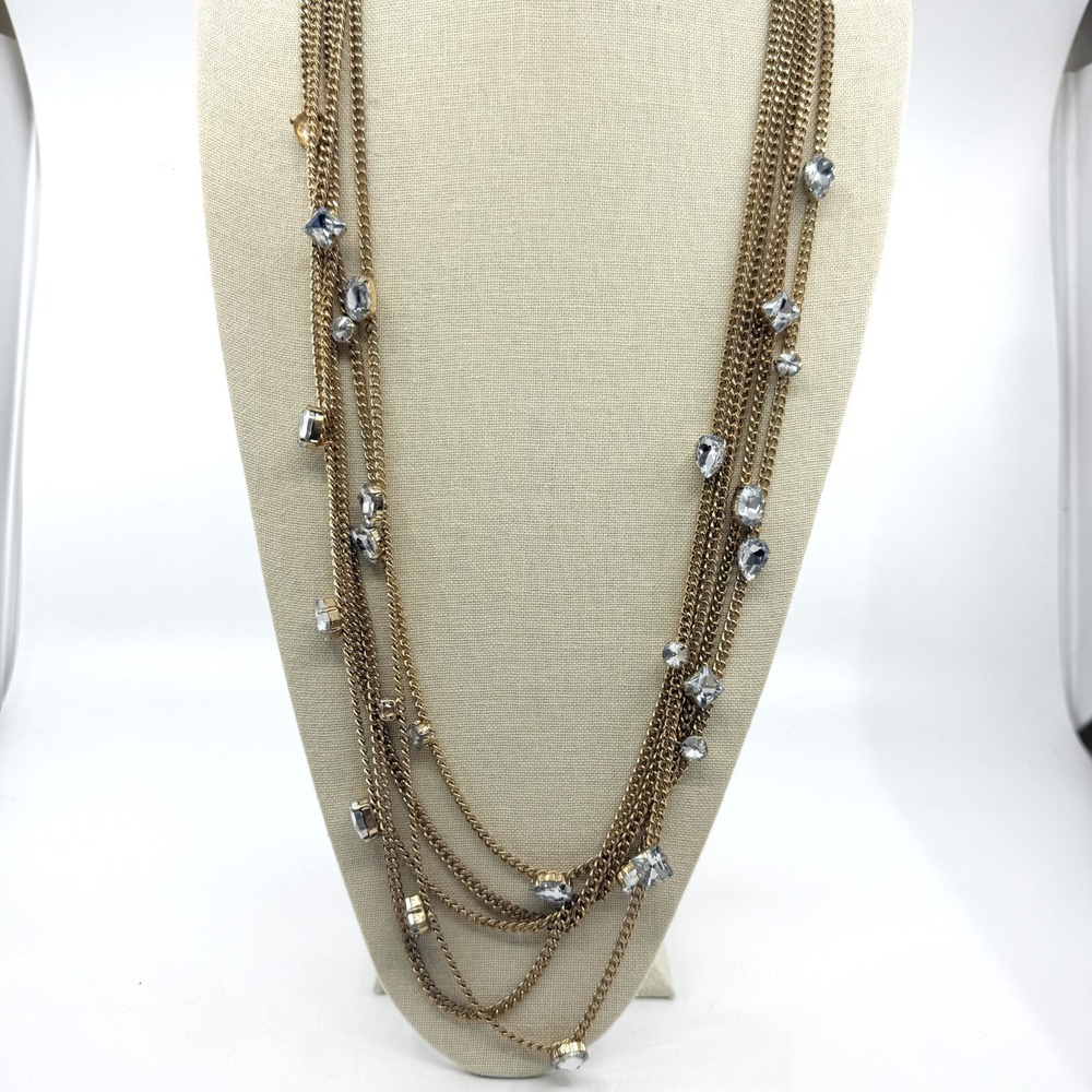 Gold Tone Clear Rhinestone Multi Strand Chain Bib Necklace Statement Jewelry